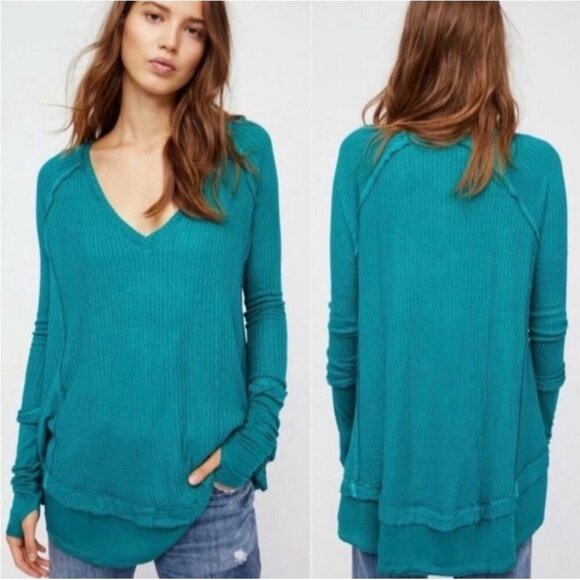 We The Free Teal Laguna Waffle Knit Long Sleeve V-Neck Tunic Top S - Picture 1 of 8
